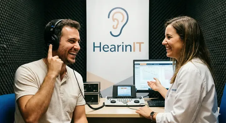 Pessoa a falar com audiologista